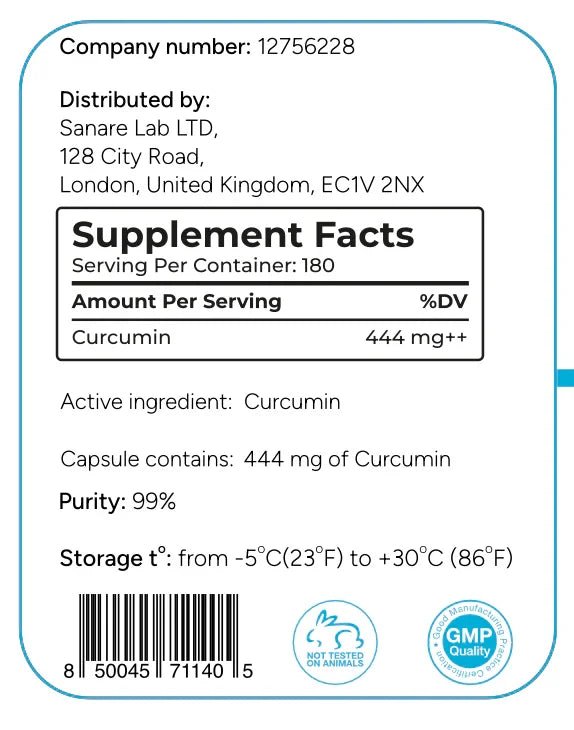 Curcumin SanareLab | 444 mg || 90 | ct || 99% 3rd Party Tested