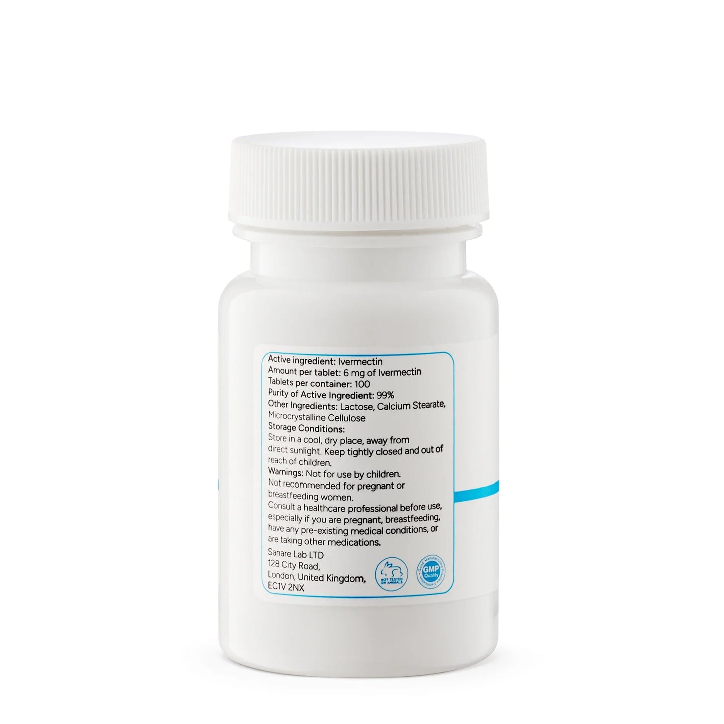 Back of Sanarelab Ivermectin-6mg tablets box showing its Ingredients