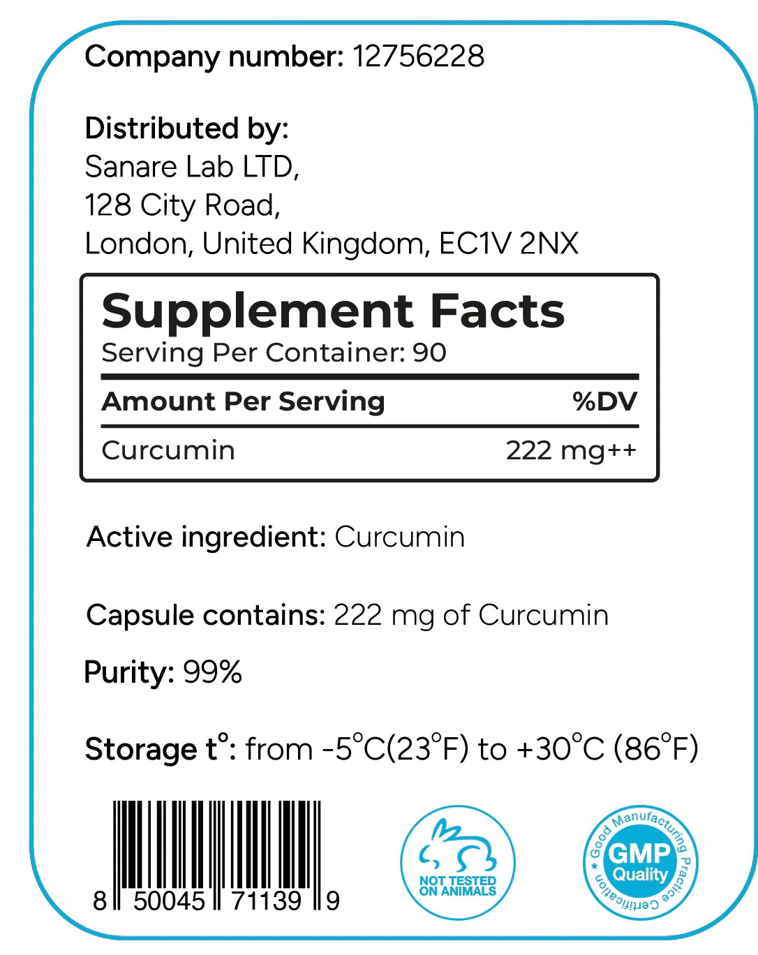 Curcumin SanareLab | 222 || mg |||| 90 | ct || 99% 3rd Party Tested