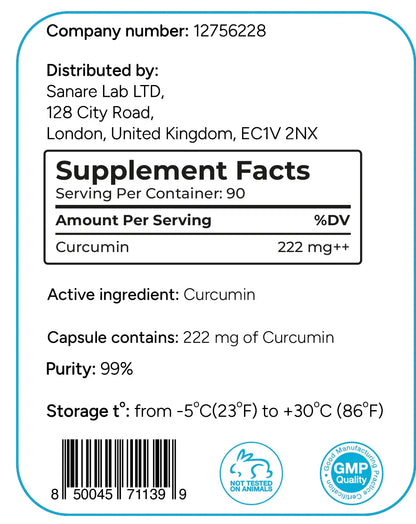 Curcumin SanareLab | 222 || mg |||| 90 | ct || 99% 3rd Party Tested